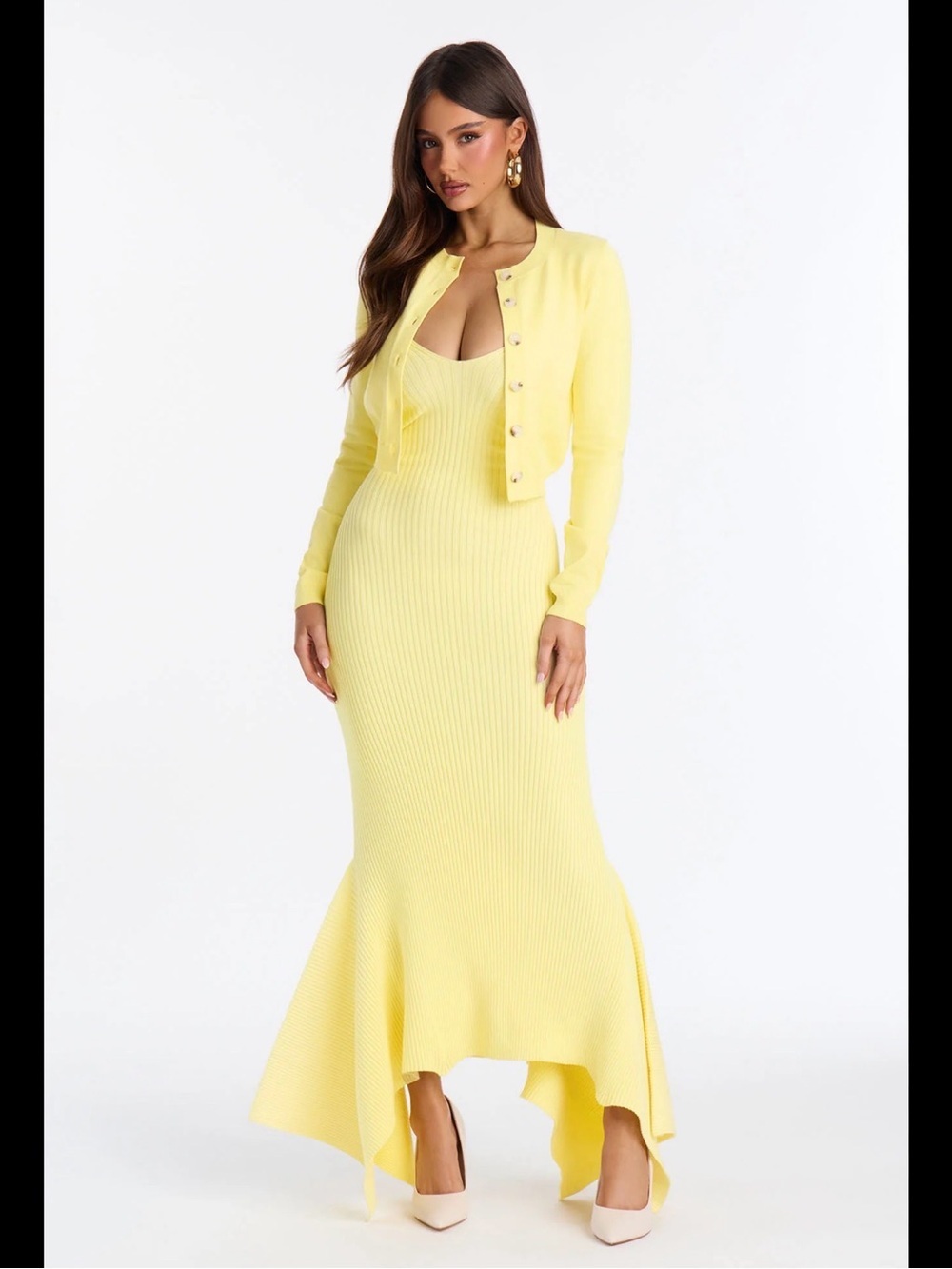 Fashion Nova dazzle me Lemon Ribbed Mermaid Maxi Dress with Cropped Cardigan